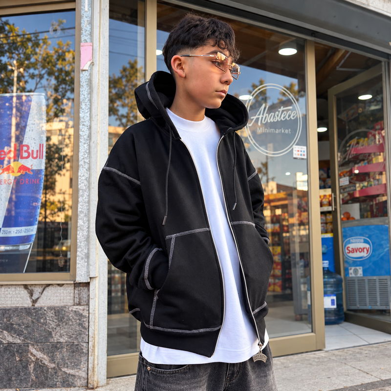 HOODIE BOXY MIXTAPE DOUBLE BLACK FULL ZIP